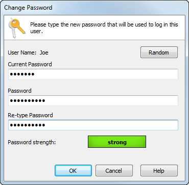 Change password dialog showing the password strength indicator.  The 10-character password this user entered has been evaluated as "strong".